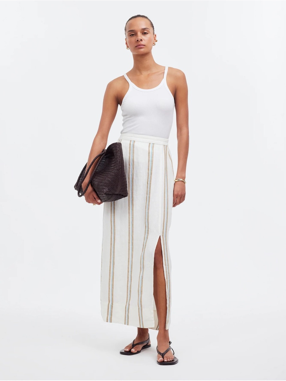 Striped Linen-Blend Maxi Skirt with Side Slit - White/Beige